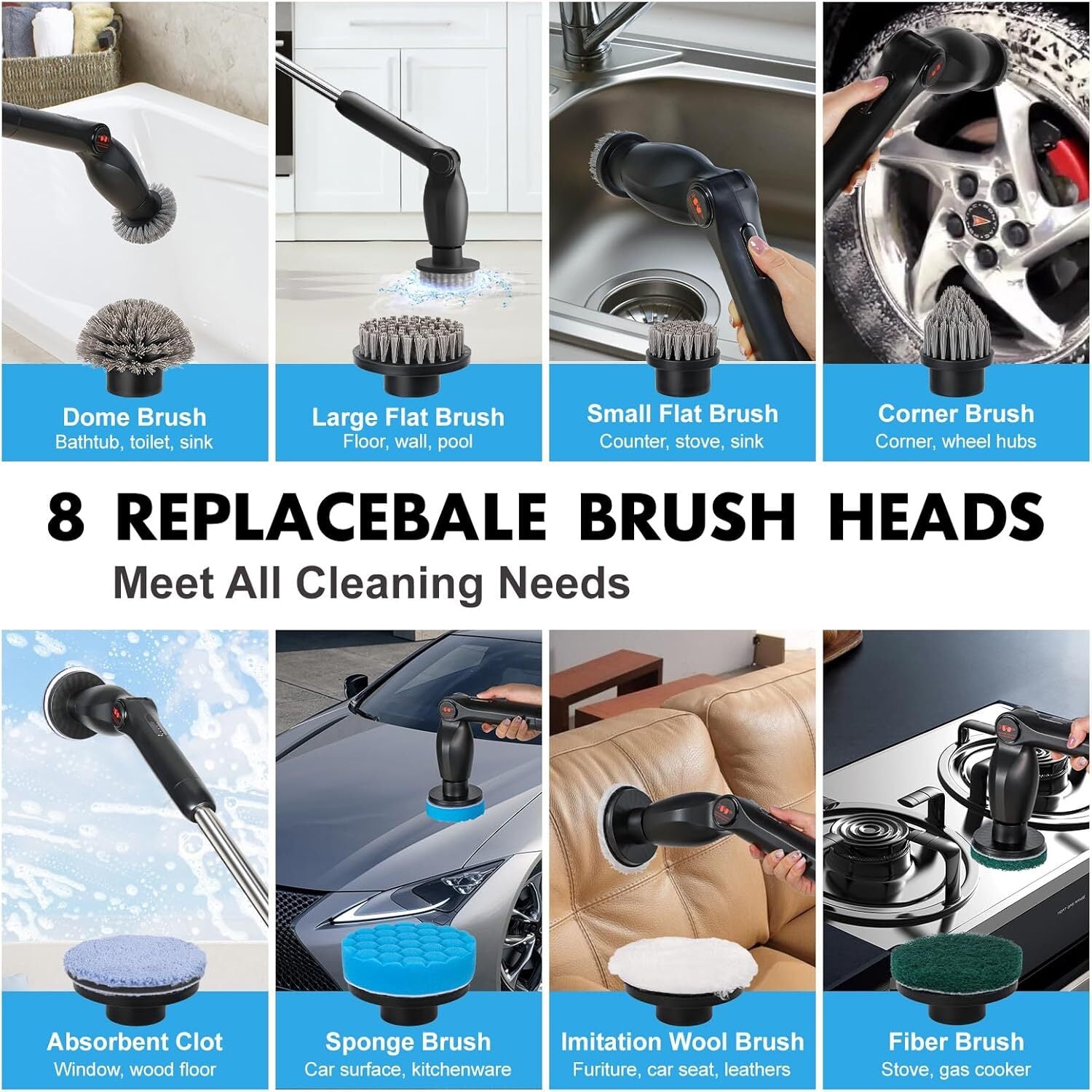 8 in 1 Motorised rotary scrubber Electric scrubber cleaning brush for bathtubs