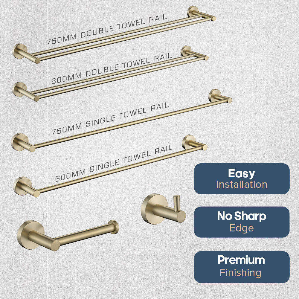 Brushed Gold Set Toilet Paper Holder Robe Hooks Towel Rail Rack Shelf Bathroom