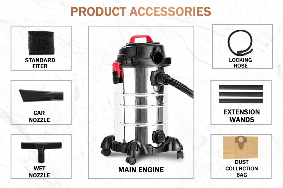 Vacuum Cleaner Portable 4In1 Wet and Dry 2000W 3.5 HP 30L Home Office Blower