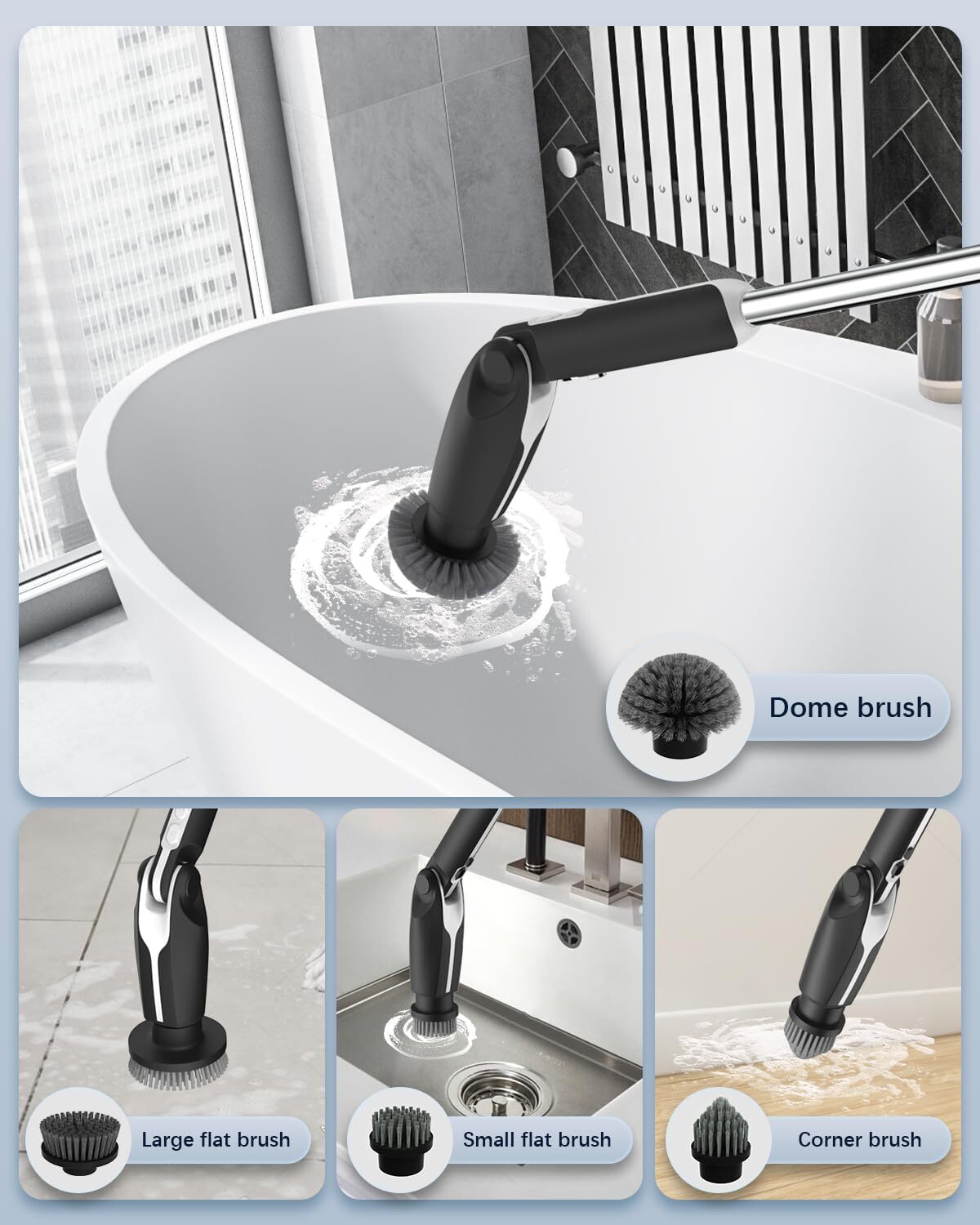 8 in 1 Motorised rotary scrubber Electric scrubber cleaning brush for bathtubs