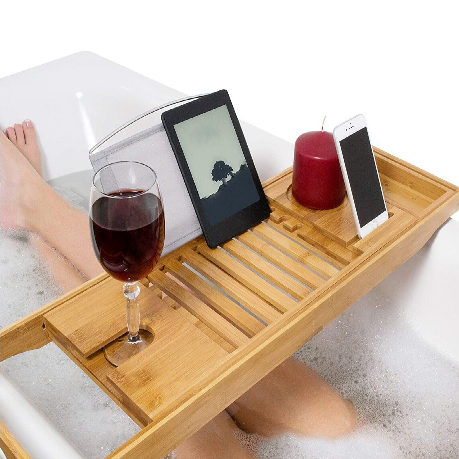 Bathtub Caddy Tray Bamboo Bath Table Expandable Wine Glass Holder Rack Support