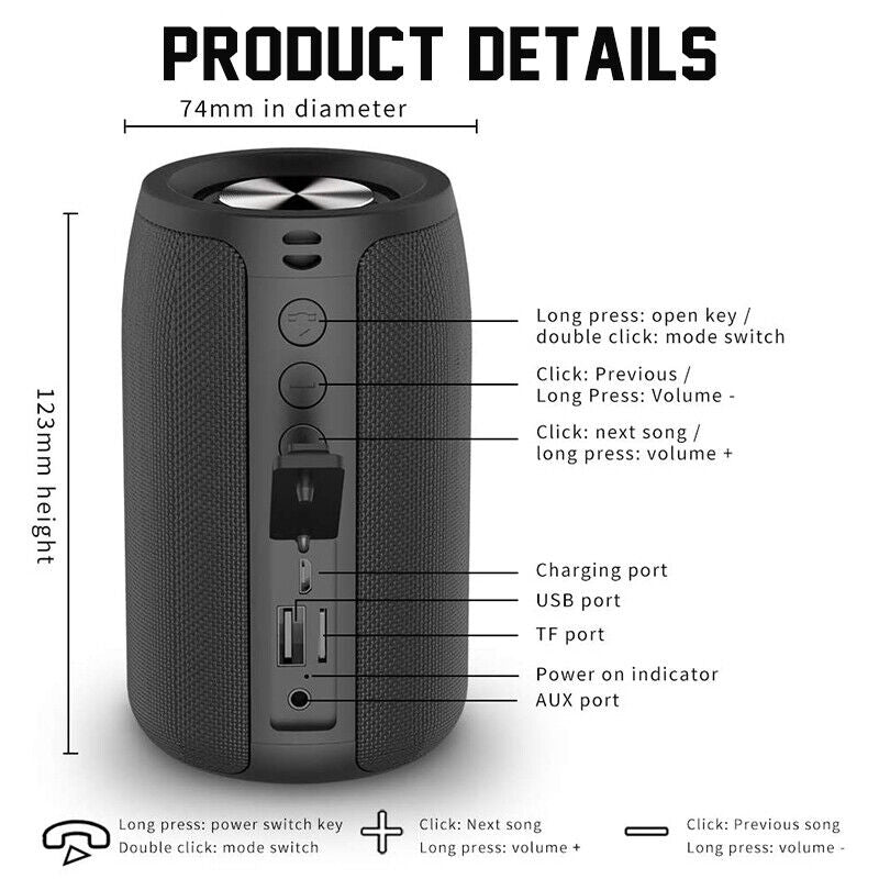 Waterproof Wireless Bluetooth Speakers Handsfree Mic Micro SD/USB/AUX Speaker