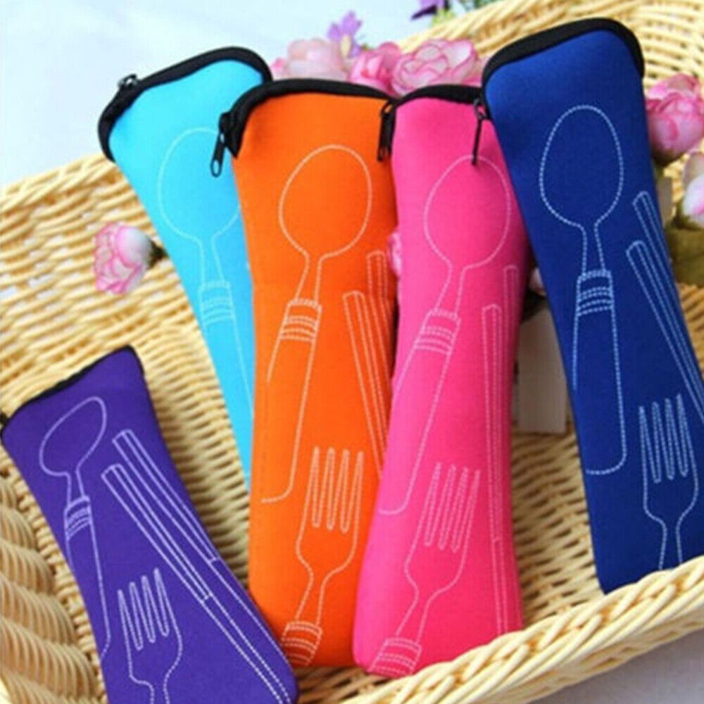 5Pcs Cutlery Travel Knife Fork Portable Bag Stainless Steel Spoon Chopstick Set