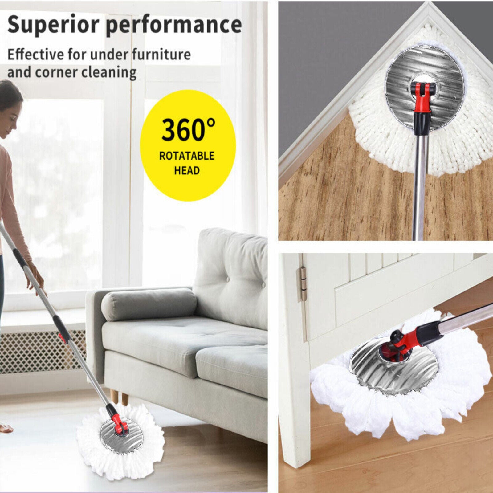 Spinning Mop Bucket Set Stainless Steel Rotating Wet Dry Easy Clean w/ 2 Heads
