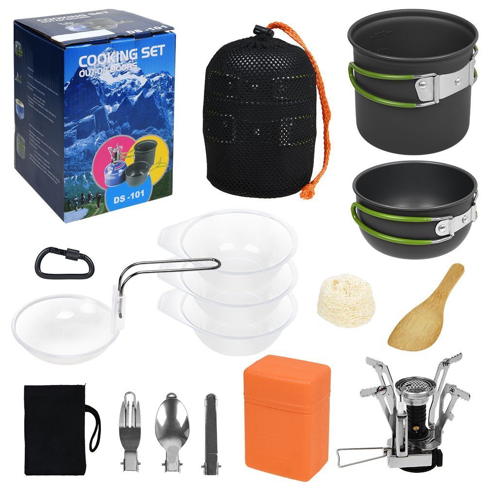 Outdoor Portable Camping Cookware Set Hiking Cooking Pot Gas Stove Tableware Kit