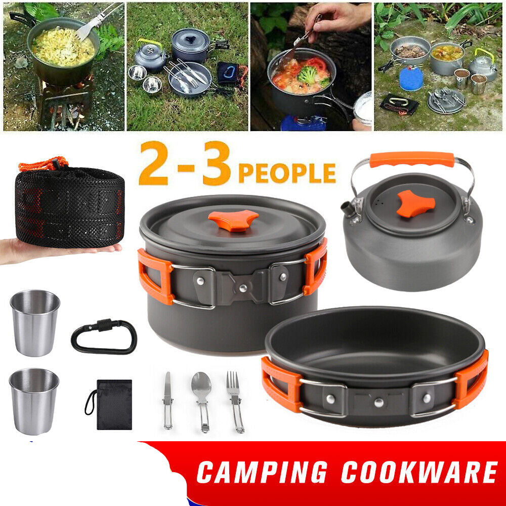 8PCS Camping Cookware Set Cooker Outdoor Hiking Cooking Pan Pot Stove Pinic Kit