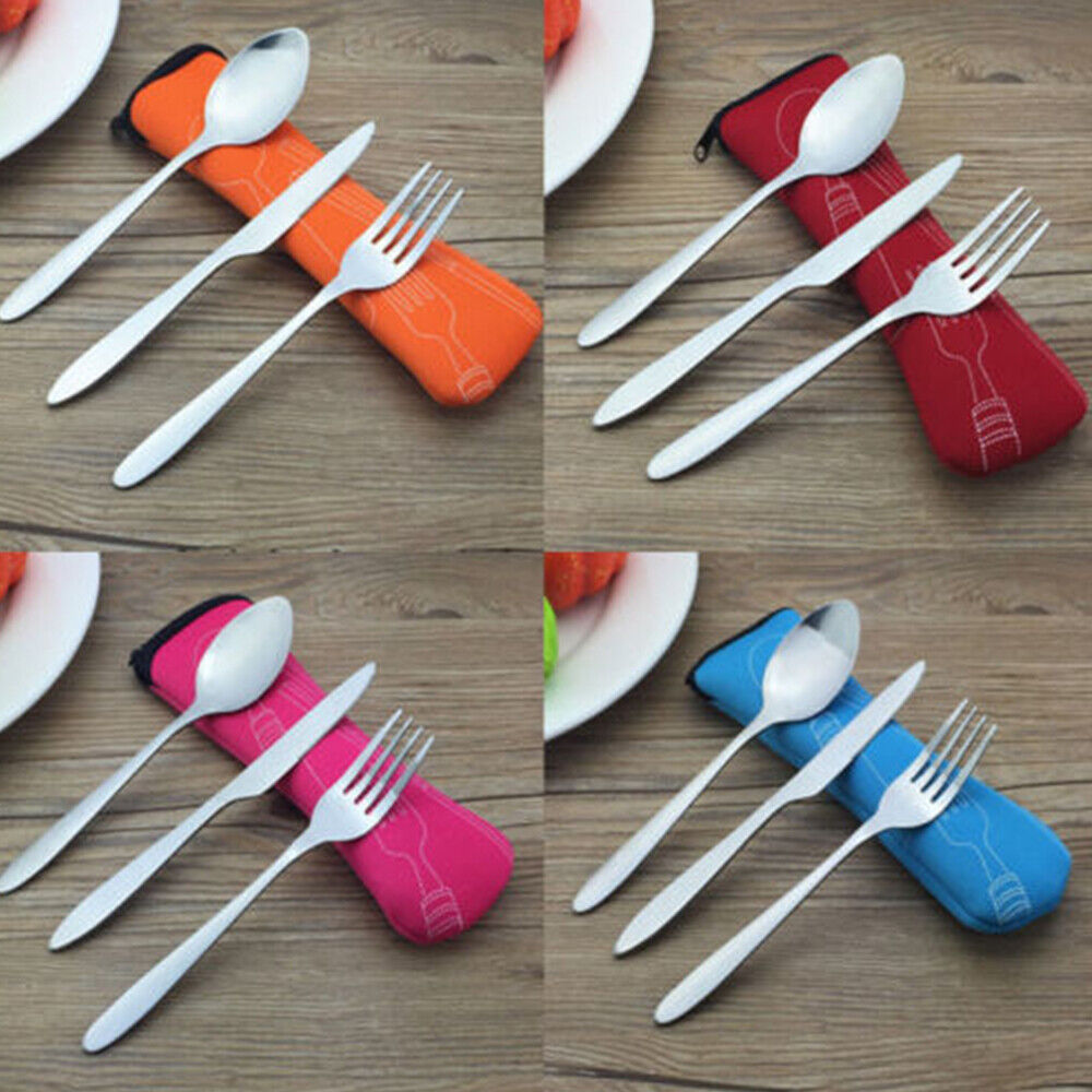 5Pcs Cutlery Travel Knife Fork Portable Bag Stainless Steel Spoon Chopstick Set