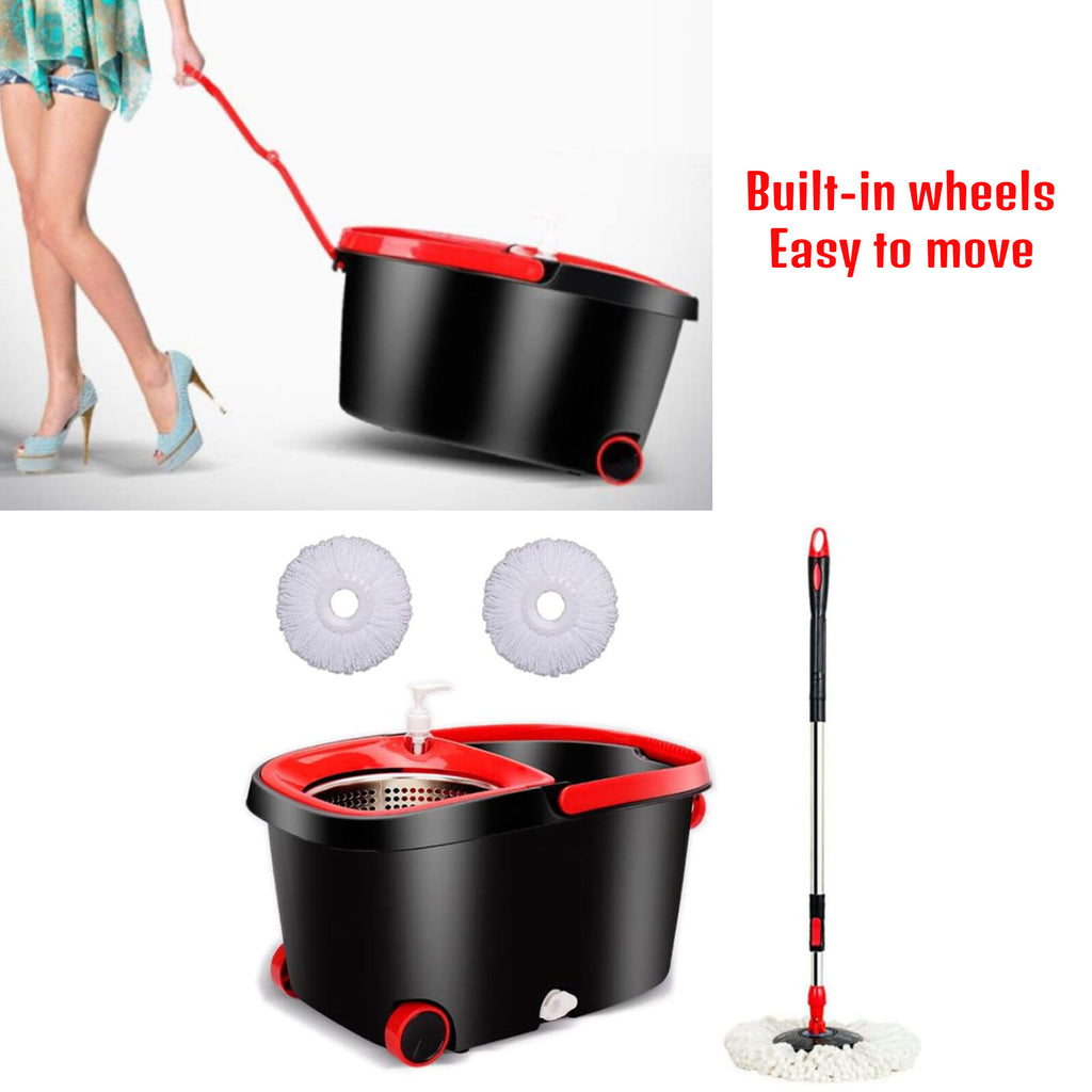 Spinning Mop Bucket Set Stainless Steel Rotating Wet Dry Easy Clean w/ 2 Heads