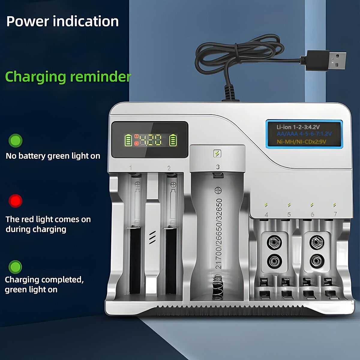 Multi Slots Smart Battery Charger for AA AAA 2A Size Rechargeable Batteries USB