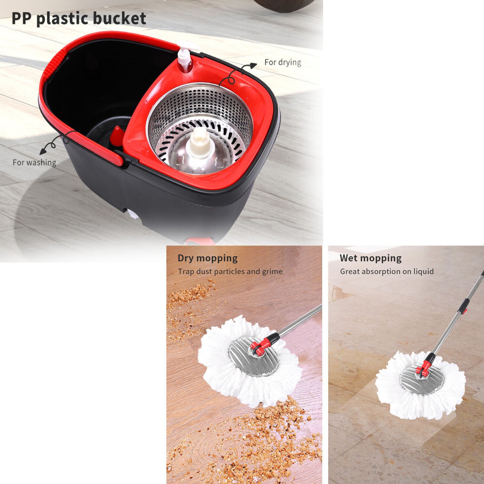 Spinning Mop Bucket Set Stainless Steel Rotating Wet Dry Easy Clean w/ 2 Heads