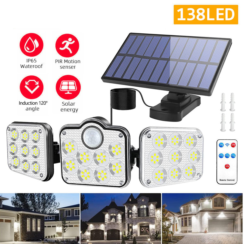 138 LED 3 Head Solar Motion Sensor Light Outdoor Garden Wall Security Flood Lamp