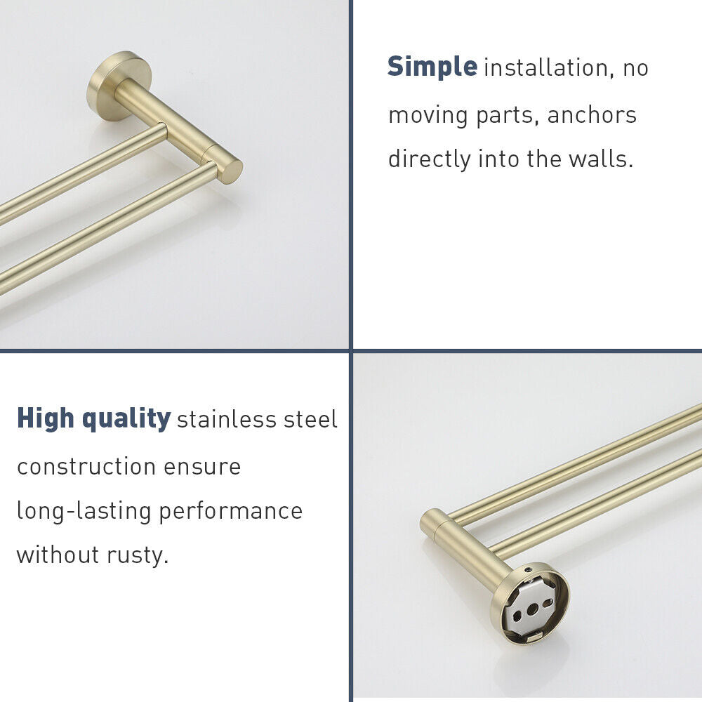 Brushed Gold Set Toilet Paper Holder Robe Hooks Towel Rail Rack Shelf Bathroom