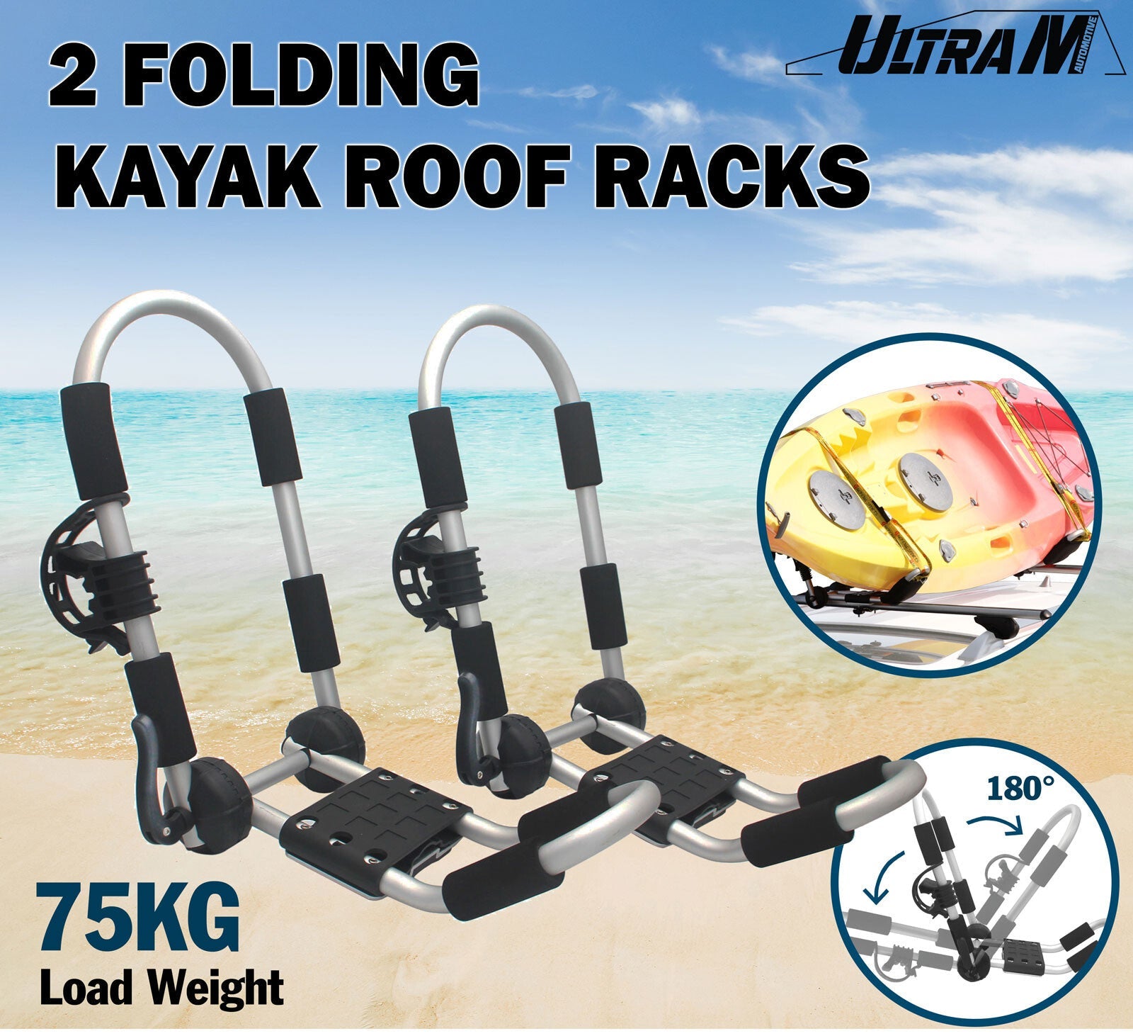 Universal Kayak Carrier Canoe Watercraft Roof Rack Folding Aluminum J-Bar Pair