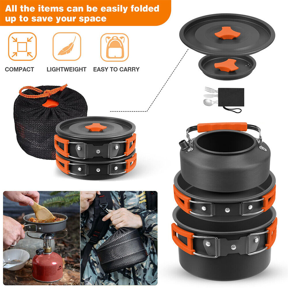 8PCS Camping Cookware Set Cooker Outdoor Hiking Cooking Pan Pot Stove Pinic Kit