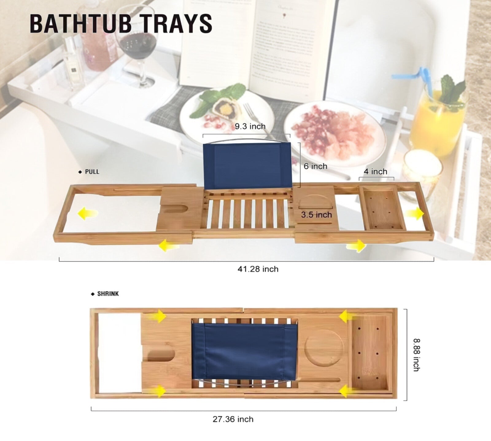 Bathtub Caddy Tray Bamboo Bath Table Expandable Wine Glass Holder Rack Support