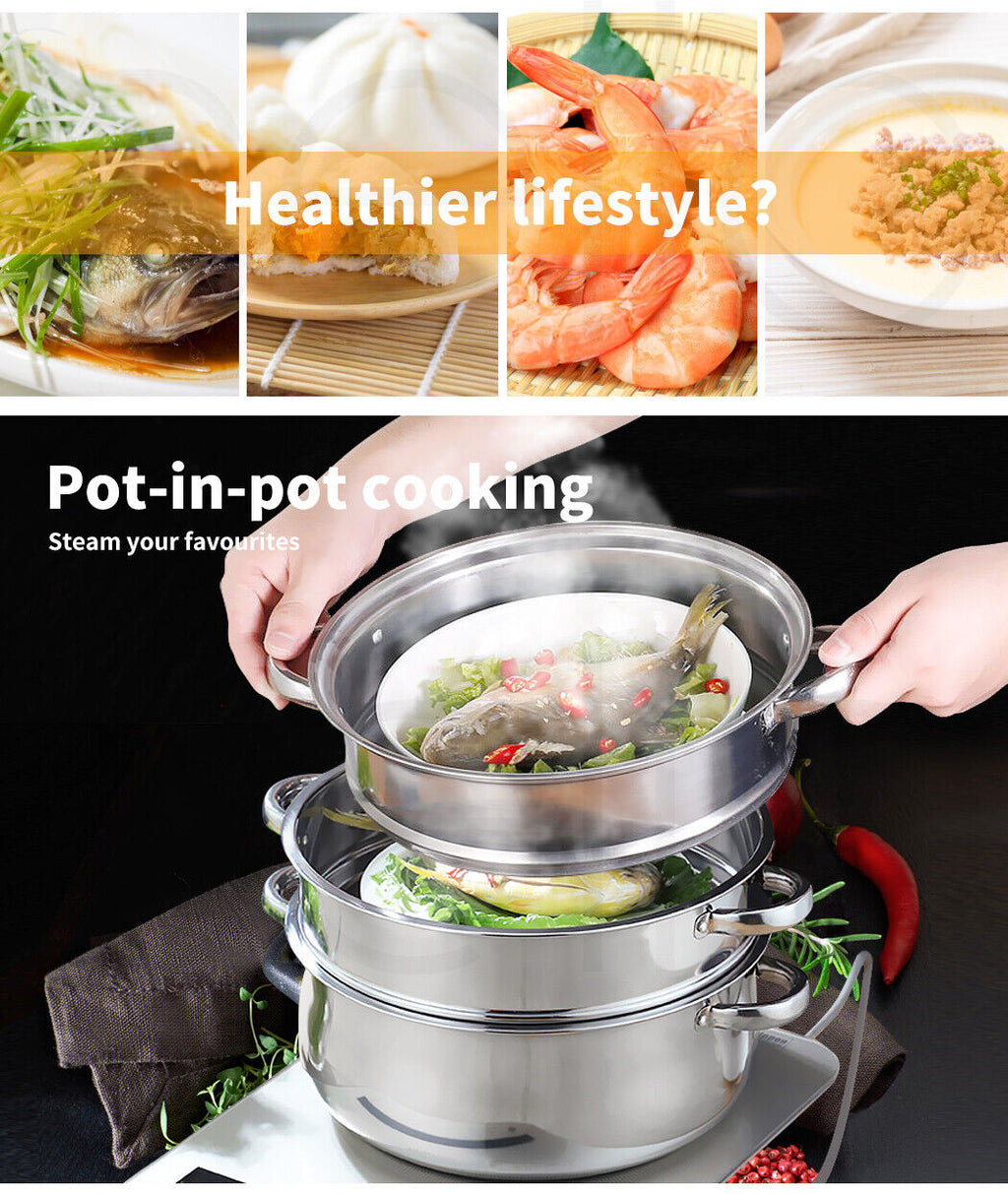 Toque Stainless Steel Steamer Meat Vegetable Cookware Hot Pot Kitchen 3 Tier