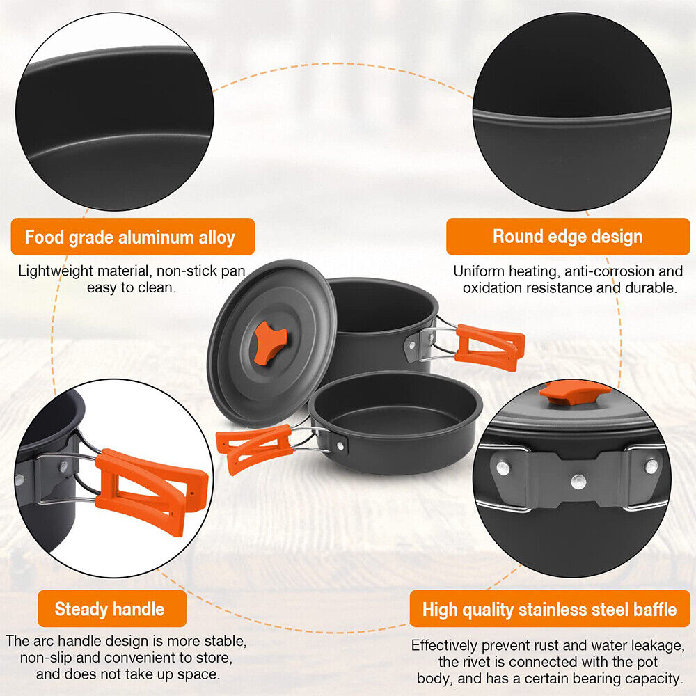 8PCS Camping Cookware Set Cooker Outdoor Hiking Cooking Pan Pot Stove Pinic Kit