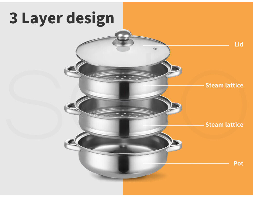 Toque Stainless Steel Steamer Meat Vegetable Cookware Hot Pot Kitchen 3 Tier