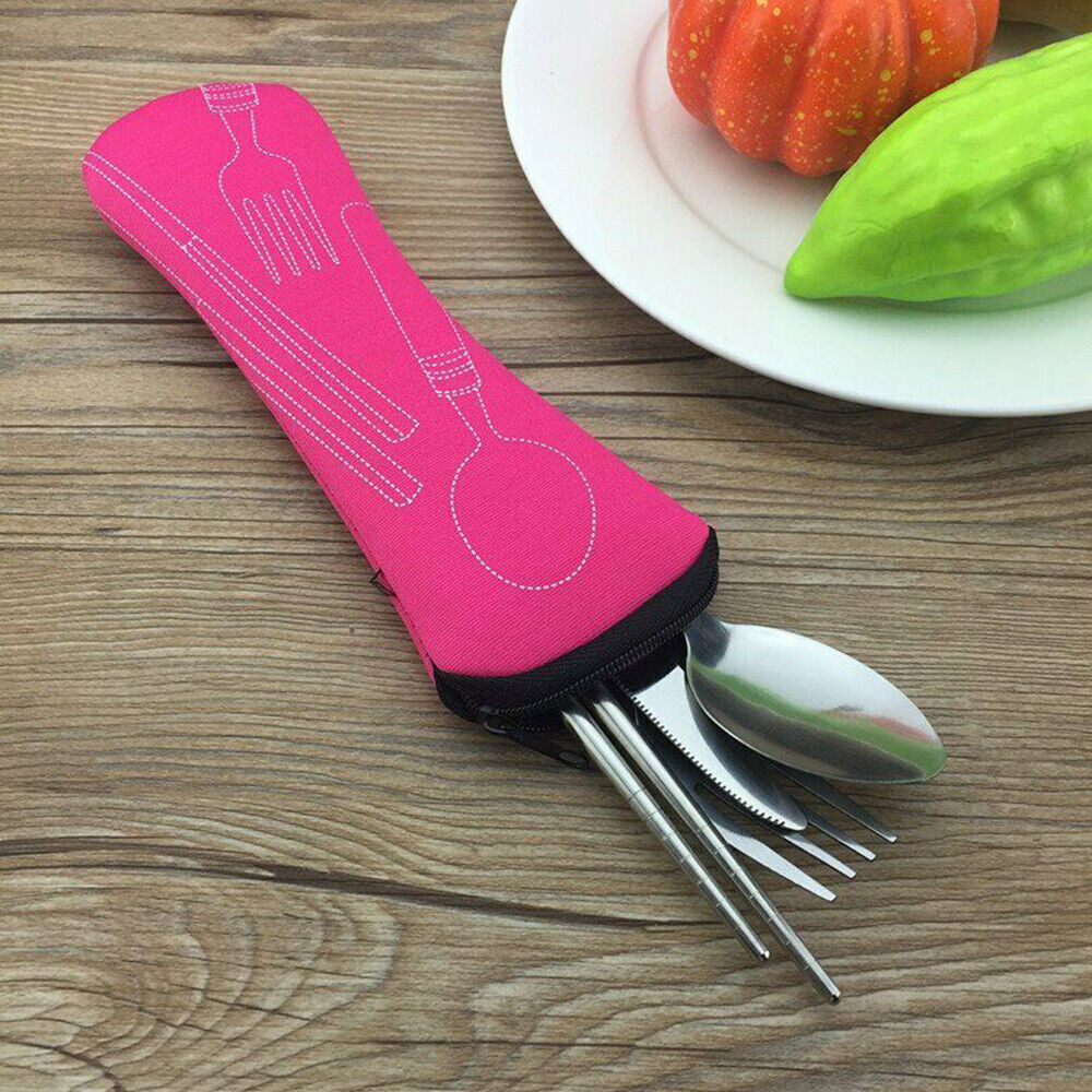 5Pcs Cutlery Travel Knife Fork Portable Bag Stainless Steel Spoon Chopstick Set