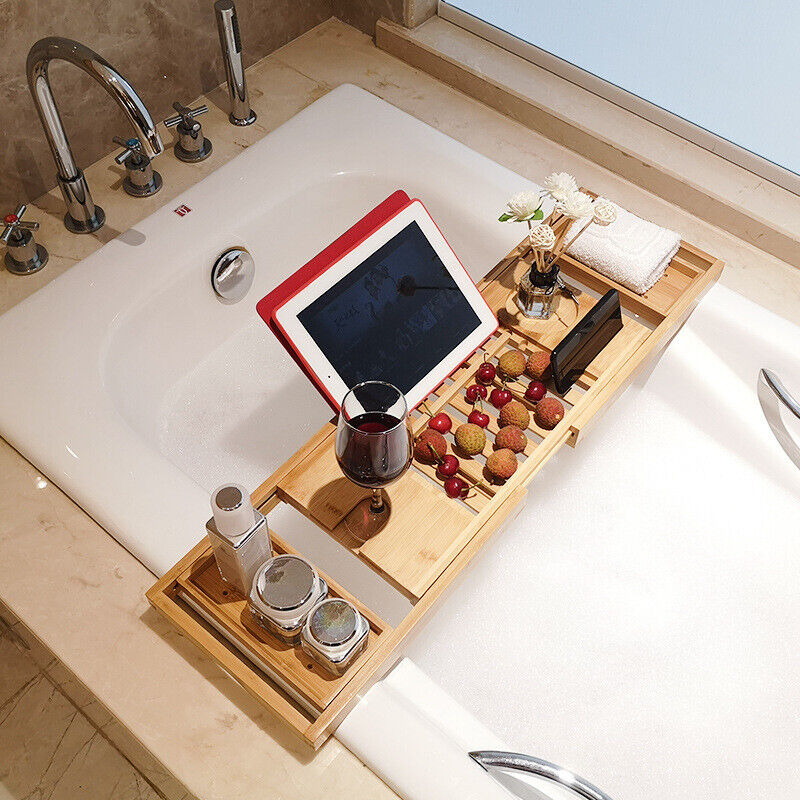 Bathtub Caddy Tray Bamboo Bath Table Expandable Wine Glass Holder Rack Support
