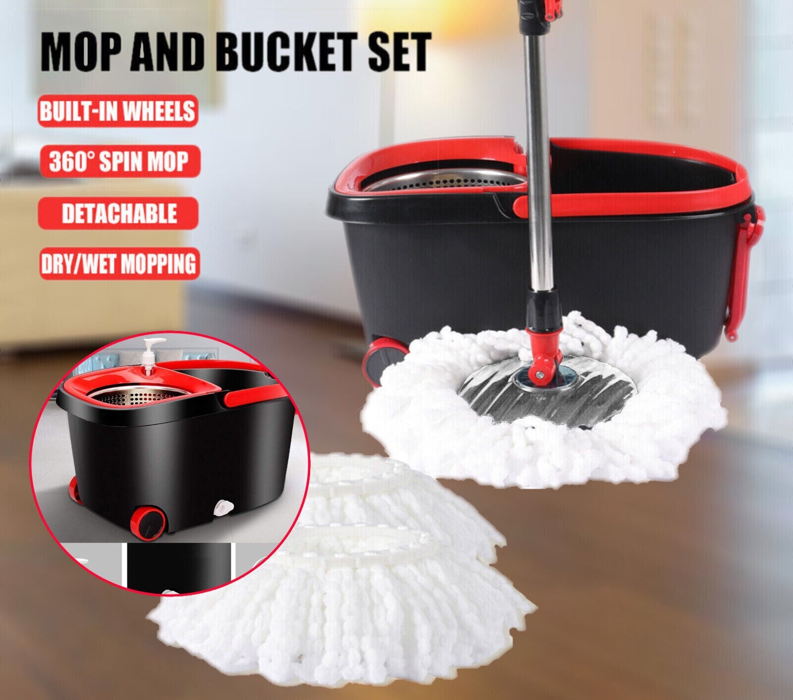 Spinning Mop Bucket Set Stainless Steel Rotating Wet Dry Easy Clean w/ 2 Heads