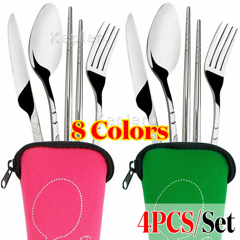 5Pcs Cutlery Travel Knife Fork Portable Bag Stainless Steel Spoon Chopstick Set
