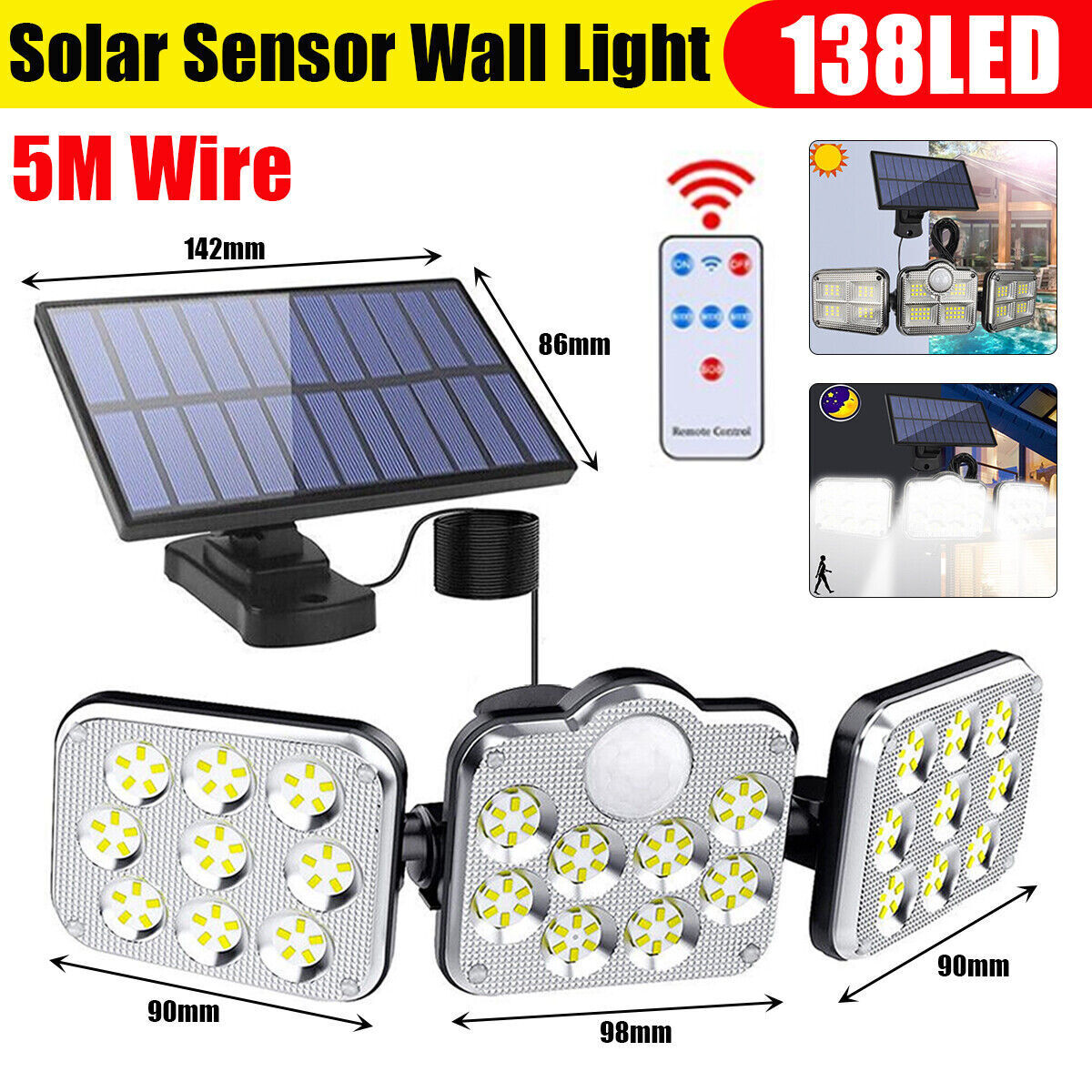 138 LED 3 Head Solar Motion Sensor Light Outdoor Garden Wall Security Flood Lamp