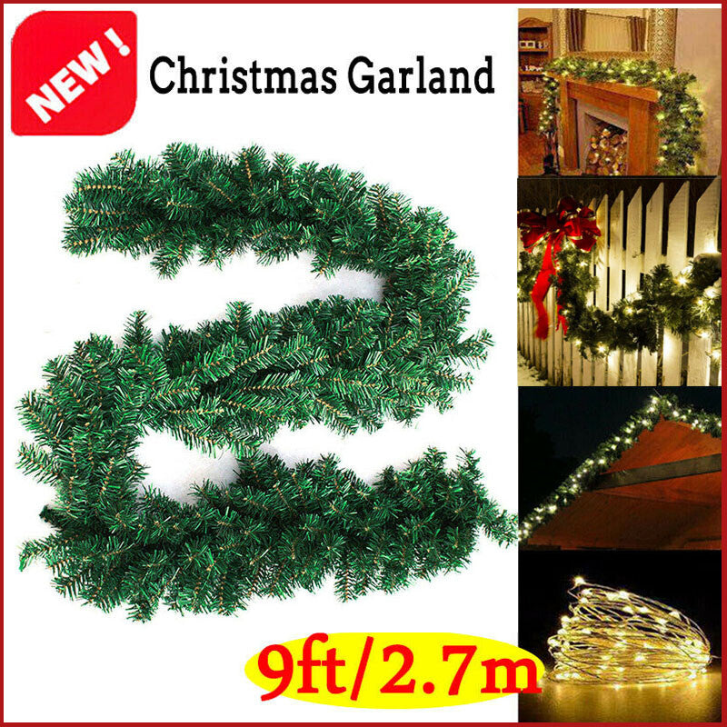 9FT Christmas Garland with LED Lights Door Wreath Xmas Pine Fireplace Home Decor