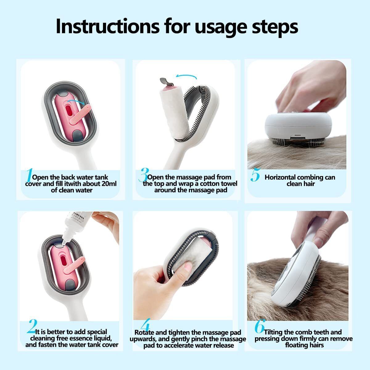 Cat Dog Hair Comb Massager Pet Knots Remover Brush with Water Tank Self-Cleaning