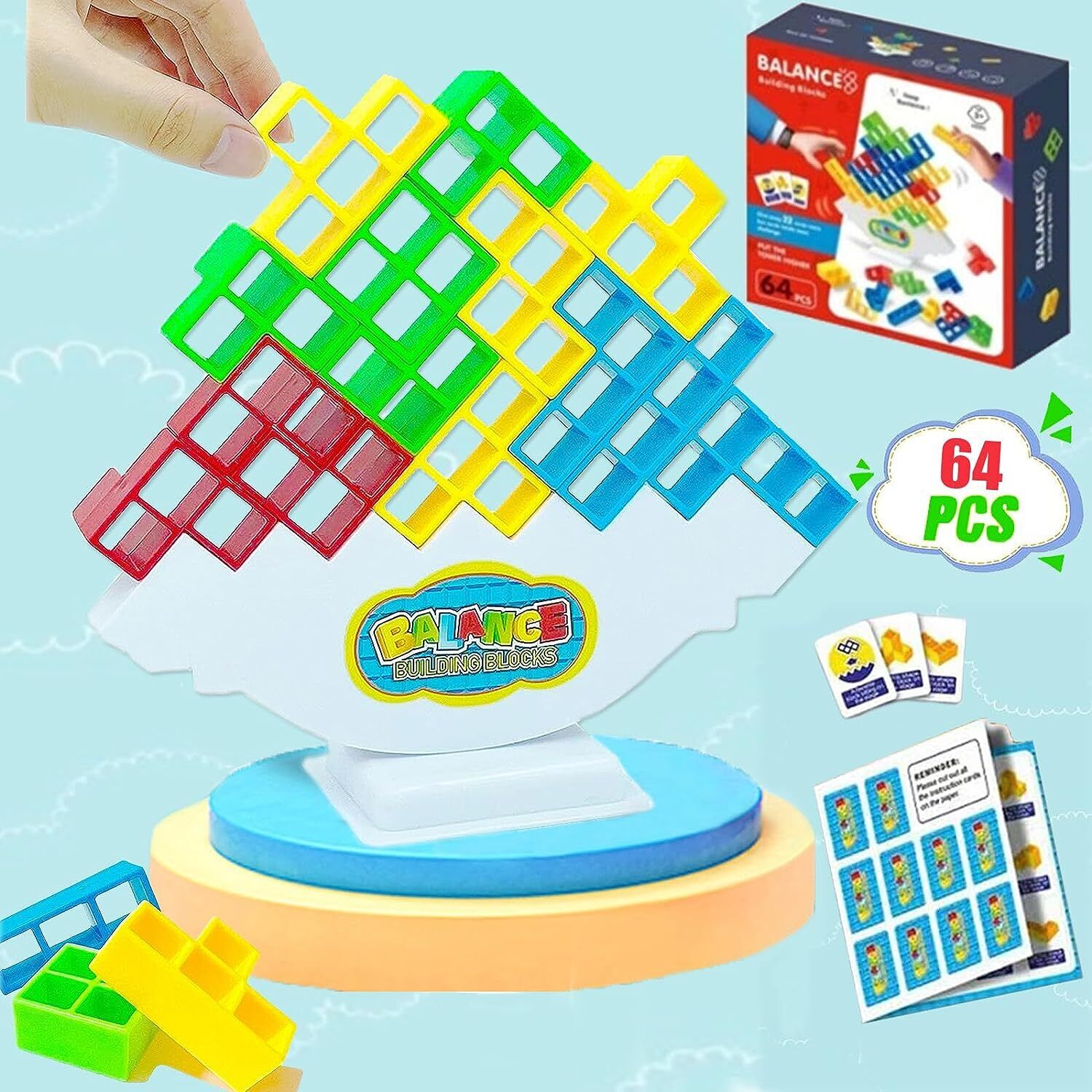 64Pcs Tetra Tower Balance Stacking Blocks Game Team Toys Gifts for Kids & Adults
