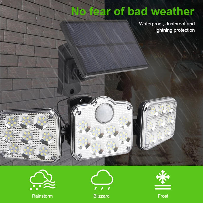 138 LED 3 Head Solar Motion Sensor Light Outdoor Garden Wall Security Flood Lamp