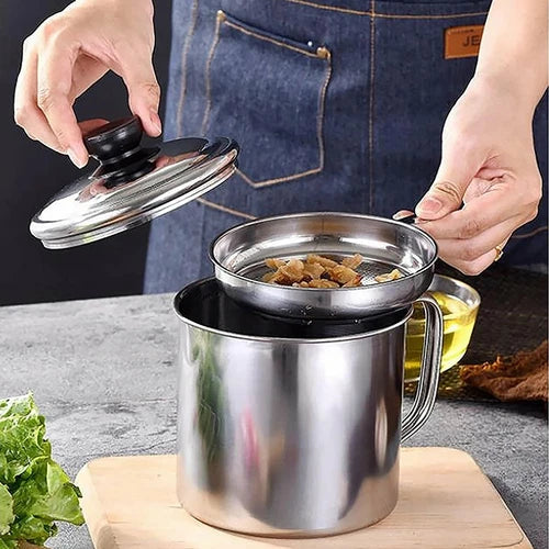 1.8L Stainless Steel Oil Filter Pot Cooking Soup Grease Strainer Separator Home