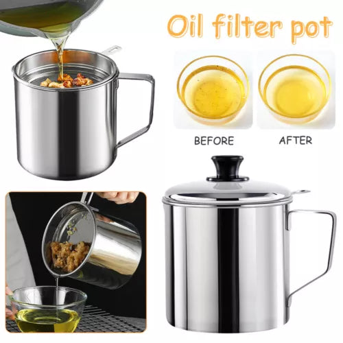 1.8L Stainless Steel Oil Filter Pot Cooking Soup Grease Strainer Separator Home