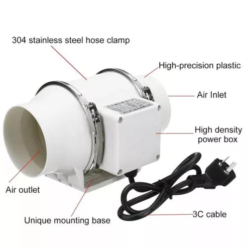 4" 6" 8“ Silent Inline Fan Extractor Duct Hydroponic Exhaust Industrial Vent Kit