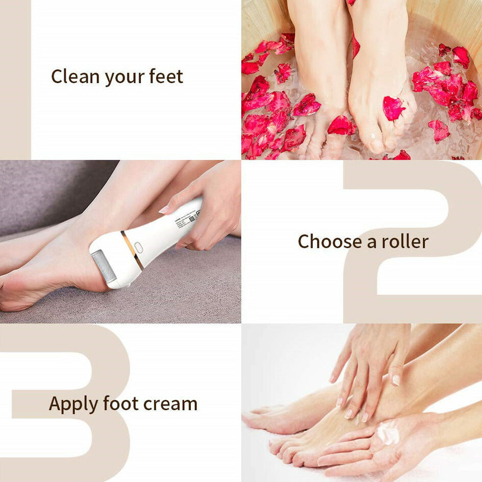 Electric Rechargeable Pedicure Foot Grinder Tool Professional Callus And Dead Hard Skin Remover multipurpose Foot File Shaver Powerful And Waterproof With 2 Speeds adjustment Option Includes 3 Replacement Roller Heads And Battery Display