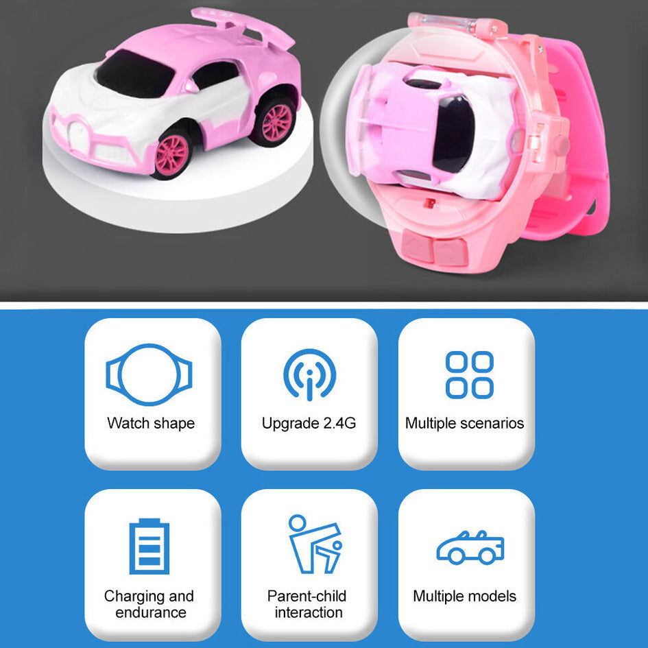 Kids Mini Electric Watch Wrist Strap Wearable Remote Control Racing Car Toy 360 Degrees Rotation Anti-interference 2.4 GHz USB Charge, For Children Indoor & Outdoor Interactive Game Toy
