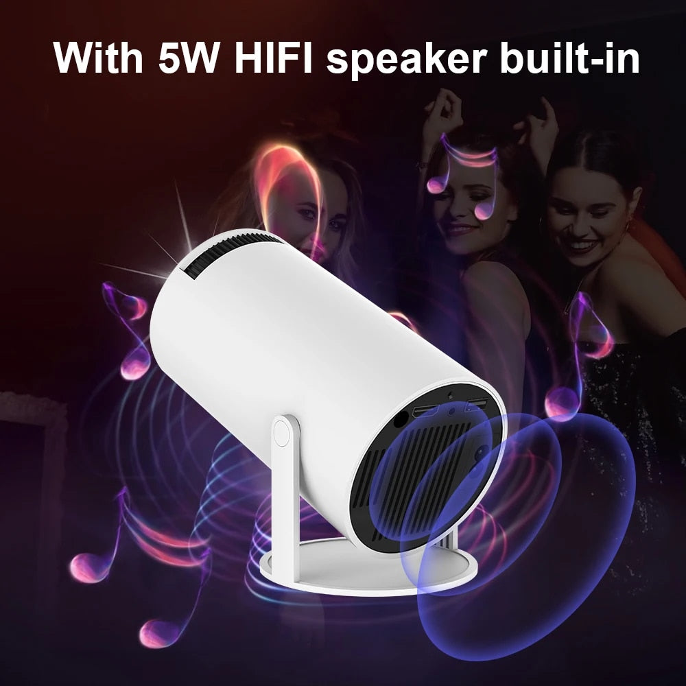 Mini 4K DH Portable Wireless Projector Companion for Home Theater Presentations and Outdoor Cinema, HY300, Android 11.0, 720P, 1080P, 4K, 200ANSI, BT5.0, Adjustable Projection Angle