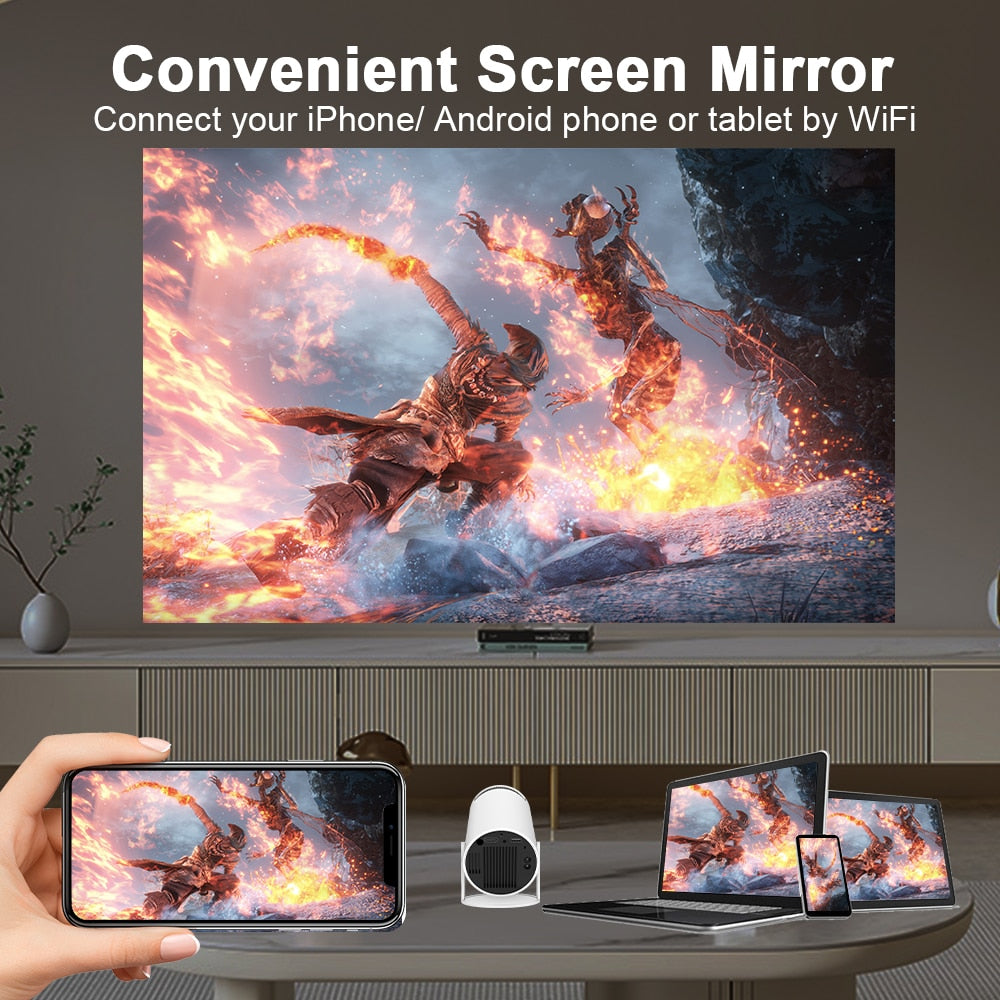 Mini 4K DH Portable Wireless Projector Companion for Home Theater Presentations and Outdoor Cinema, HY300, Android 11.0, 720P, 1080P, 4K, 200ANSI, BT5.0, Adjustable Projection Angle