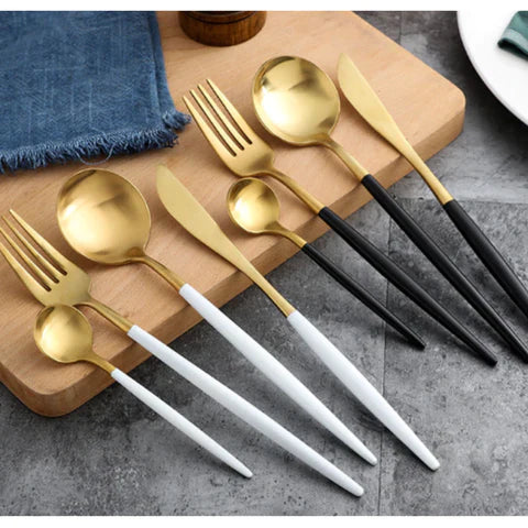 24 Pieces Trendy Dinnerware Set Black Western Dinnerware Set Stainless Steel Cutlery Set Fork Knife Spoon Tableware Set Flatware Set Silverware Set