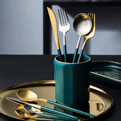 24 Pieces Trendy Dinnerware Set Black Western Dinnerware Set Stainless Steel Cutlery Set Fork Knife Spoon Tableware Set Flatware Set Silverware Set