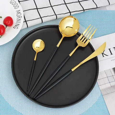 24 Pieces Trendy Dinnerware Set Black Western Dinnerware Set Stainless Steel Cutlery Set Fork Knife Spoon Tableware Set Flatware Set Silverware Set