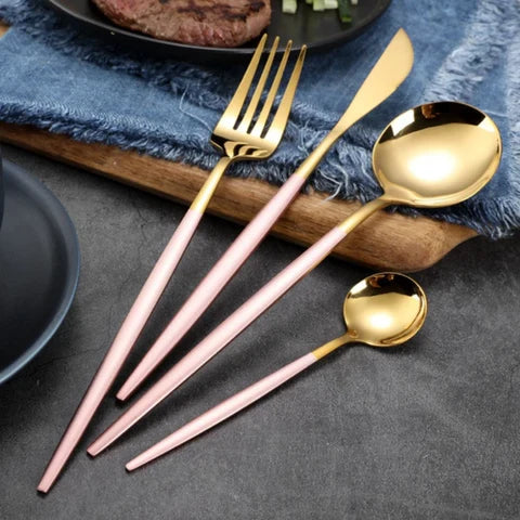 24 Pieces Trendy Dinnerware Set Black Western Dinnerware Set Stainless Steel Cutlery Set Fork Knife Spoon Tableware Set Flatware Set Silverware Set