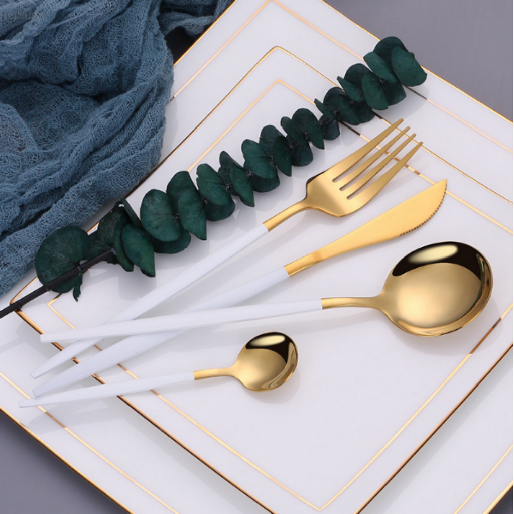 24 Pieces Trendy Dinnerware Set Black Western Dinnerware Set Stainless Steel Cutlery Set Fork Knife Spoon Tableware Set Flatware Set Silverware Set