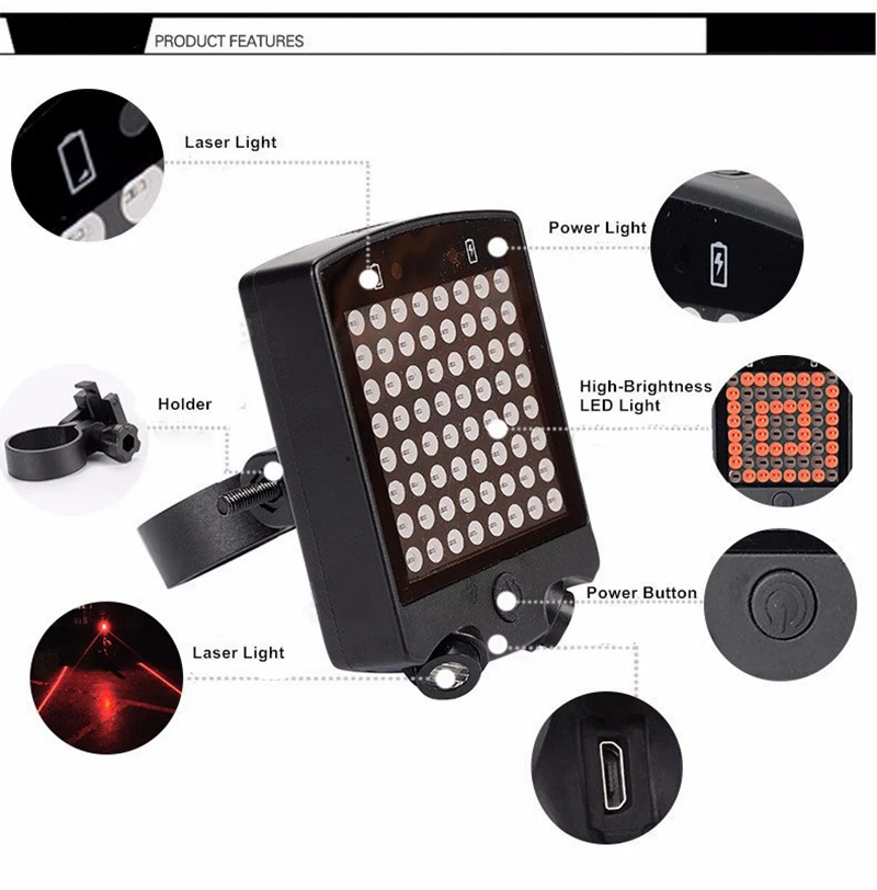 USB Rechargeable Bike Tail Light Smart Bicycle Turn Signal Lights
