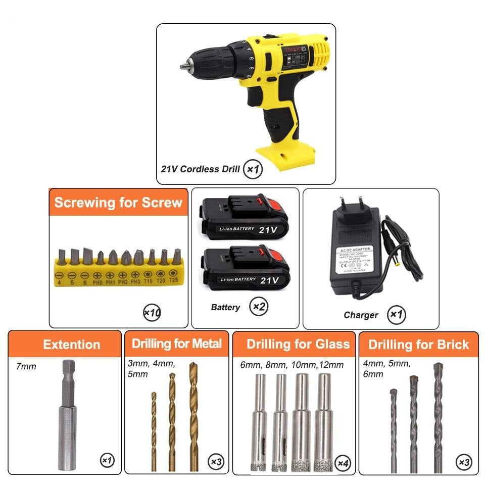 21V 3 in 1 Electric Cordless Hammer Drill New brushless Battery drill Cordless drill screwdriver battery Electric screwdriver Lithium battery Electric Tools