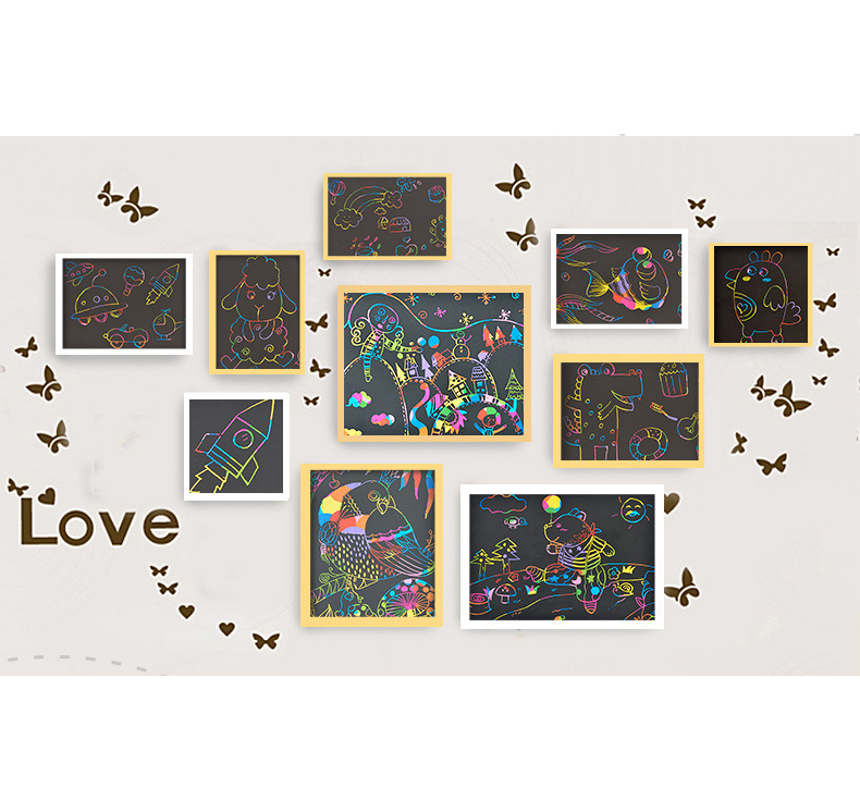 Magic Rainbow Colored Scraping Art Paper with Graffiti Stencils