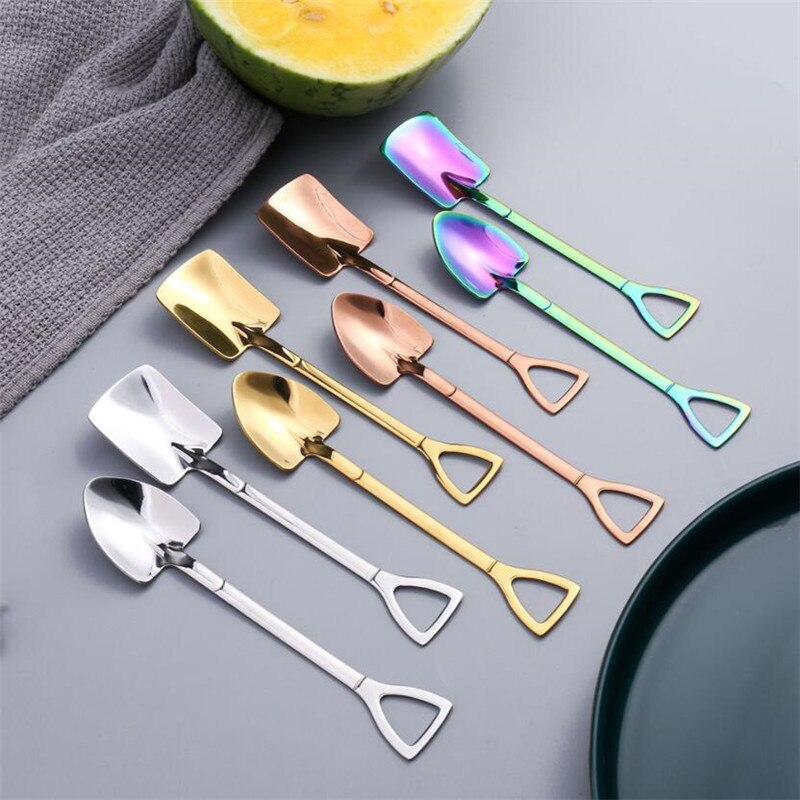 Creative Retro Stainless Steel Shovel Inspired Coffee Ice Cream Spoon Scoop tea-spoon Stainless Cutlery Set Tableware