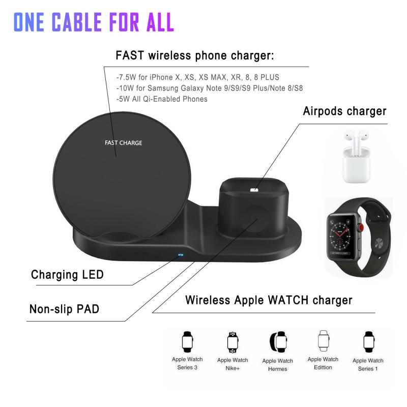 3 in 1 Fast Wireless Charger Dock & Holder Stand Docking Station for iPhone and Samsung
