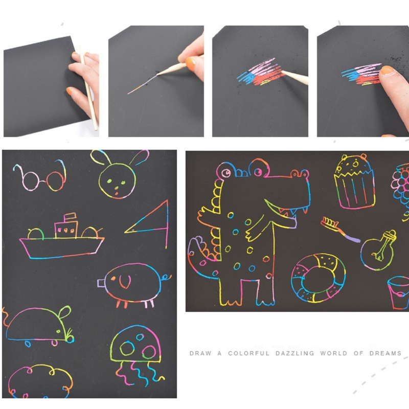 Magic Rainbow Colored Scraping Art Paper with Graffiti Stencils