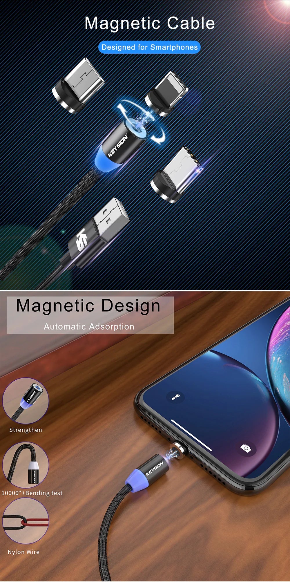 LED Magnetic USB Cable Fast Charging for all Types of Charging Port
